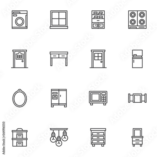 Household furniture line icons set, outline vector symbol collection, linear style pictogram pack. Signs, logo illustration. Set includes icons as kitchen furniture, microwave stove, fridge, table