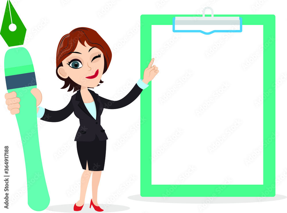 Girl woman worker employee business lady representative holding a big fountain pen pointing indicating some info on a clip board blank empty template Girl woman worker employee business lady representative holding a big fountain pen pointing indicating some info on a clip board blank empty template