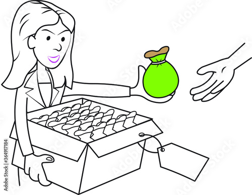  Girl woman sales girl selling some products in the street holding pack box of items she what to sell another hand taking