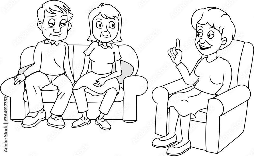 Grandma old woman giving some important speech talking to son daughter man woman husband wife sad unhappy worried listening Grandma old woman giving some important speech talking to son daughter man woman husband wife sad unhappy worried listening