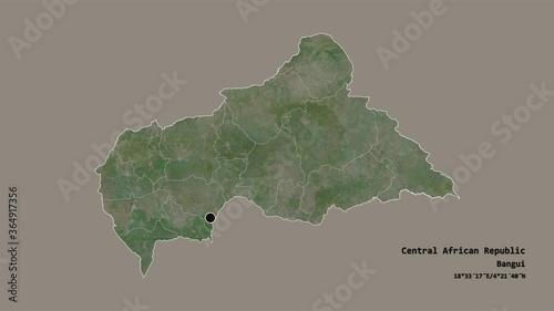 Mambéré-Kadéï, prefecture of Central African Republic, with its capital, localized, outlined and zoomed with informative overlays on a satellite map in the Stereographic projection. Animation 3D photo