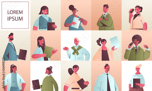 set businesspeople in different poses business people office workers in casual clothes male female cartoon characters collection portrait horizontal copy space vector illustration