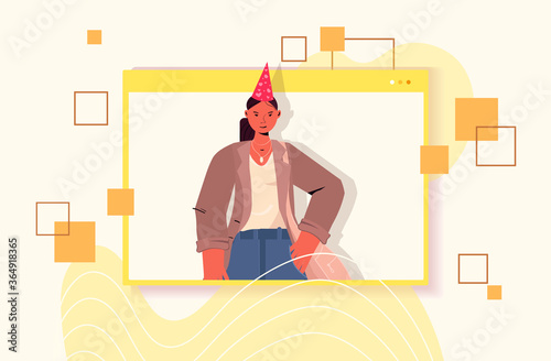 woman in festive hat celebrating online birthday party girl in computer window having fun celebration self isolation quarantine concept portrait horizontal vector illustration