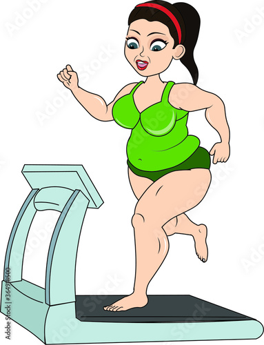 Happy fat woman lady girl burning calorie running on a treadmill energetic committed to lose weight doing exercise