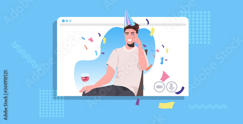 attractive man in festive hat celebrating online birthday party guy in web browser window drinking wine celebration concept portrait horizontal vector illustration