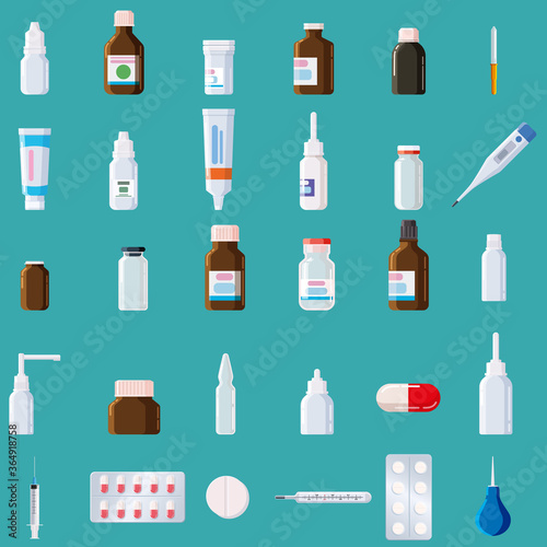 Pharmacy medical set bottles  jars  tubes  sprays droppers with caps