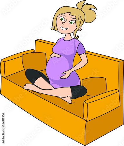 happy pregnant woman sitting on a sofa coach happily feeling the movements of her baby inside