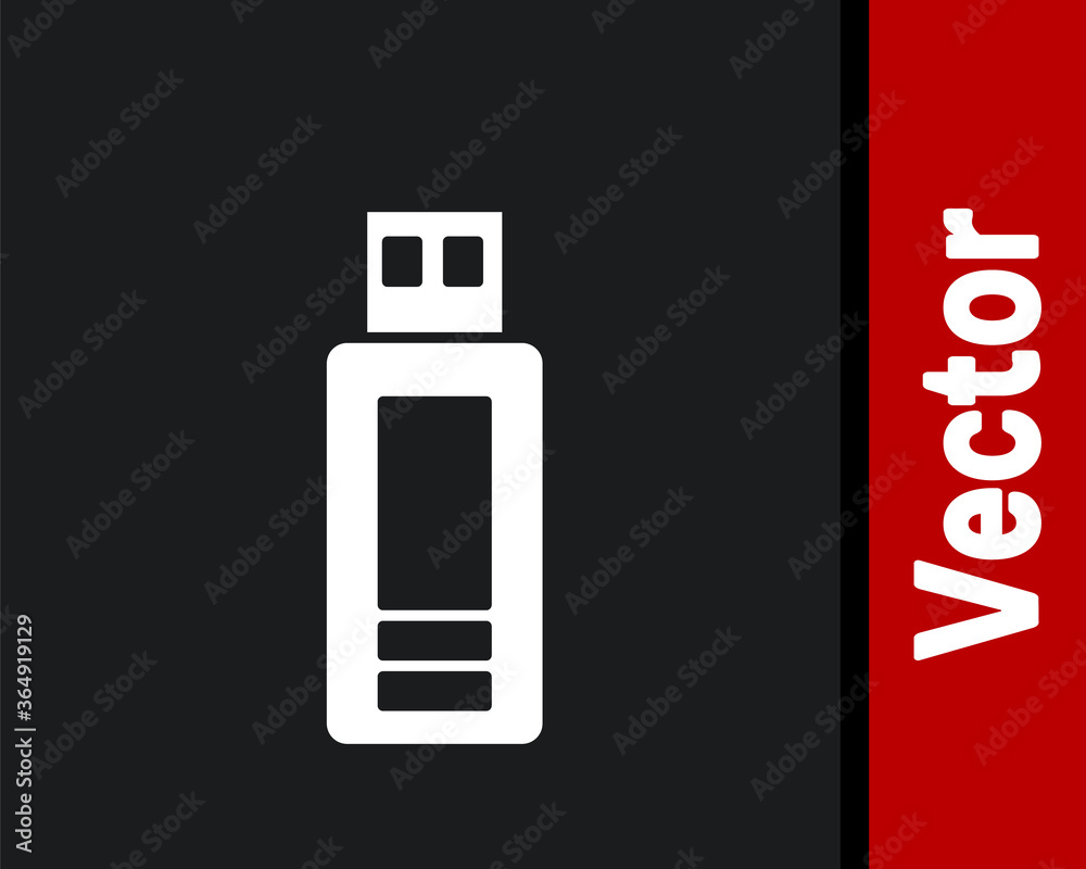 White USB flash drive icon isolated on black background. Vector. White USB flash drive icon isolated on black background. Vector.