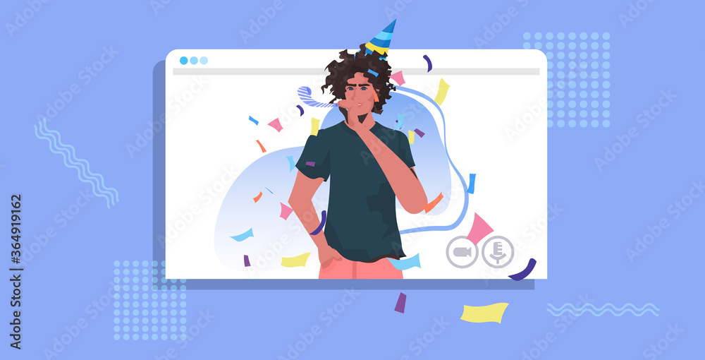 man in festive hat celebrating online party guy in web browser window blowing in blower celebration self isolation concept portrait horizontal vector illustration