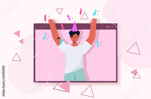 woman in festive hat celebrating online birthday party girl in computer window having fun celebration self isolation quarantine concept portrait horizontal vector illustration