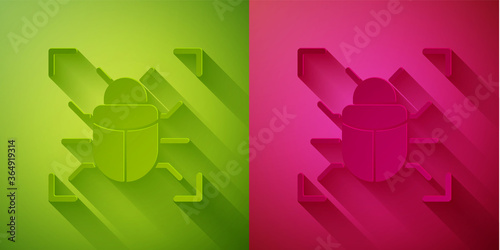 Paper cut System bug concept icon isolated on green and pink background. Code bug concept. Bug in the system. Bug searching. Paper art style. Vector.