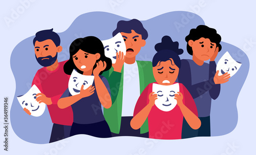 Depressed people holding face masks and hiding emotions isolated flat vector illustration. Cartoon sad or angry guys and girls with smiling masks. Personality and psychology concept