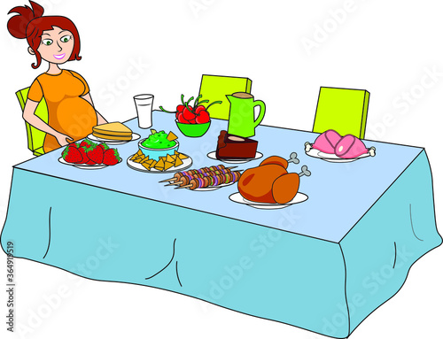 Hungry pregnant woman lots of foods in front on the table getting ready to eat like a monster strawberry apple chicken roast turkey sandwich juice drinks cake