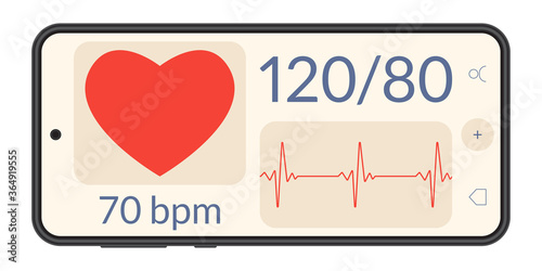 Smart phone with heartbeat or pulse tracker app and blood pressure monitor. Fitness application deign for smartphone. Health care check app with Heart beat line and Pulse trace. Vector illustration.