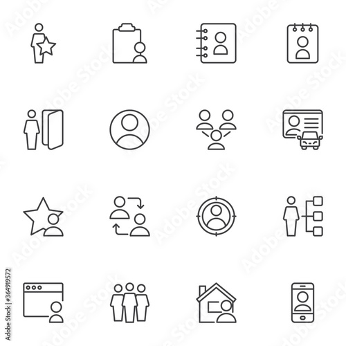 User contact line icons set, outline vector symbol collection, linear style pictogram pack. Signs, logo illustration. Set includes icons as contact address book, driver license, people group, friends