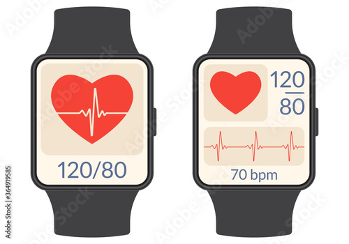 Smart watch with heartbeat rate or pulse tracker app and blood pressure monitor. Fitness application deign for smartwatch. Health care check with Heart beat line and Pulse trace. Vector illustration.