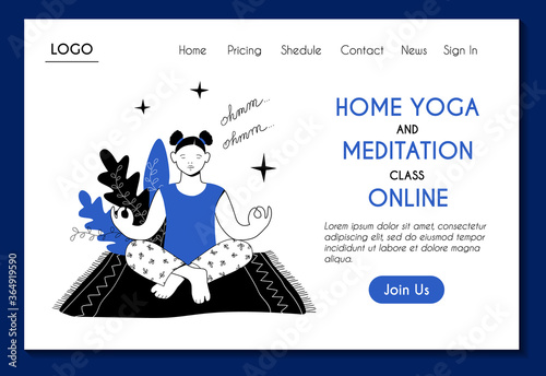 Web page template for online yoga and meditation classes. Girl is meditating in lotus position. Stock modern flat illustration concept for landing page. Website design easy to edit and customize.