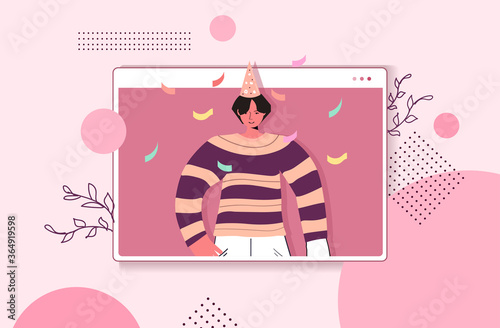 woman in festive hat celebrating online birthday party girl in computer window having fun celebration self isolation quarantine concept portrait horizontal vector illustration