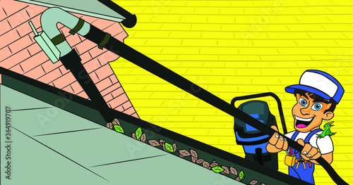 Illustration of a happy worker cleaning gutters leaves dust using long nozzle tools with a powerful vacuum cleaner