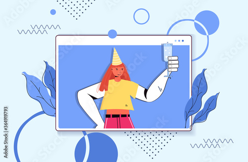 woman in festive hat celebrating online birthday party girl in computer window drinking wine celebration self isolation quarantine concept portrait horizontal vector illustration