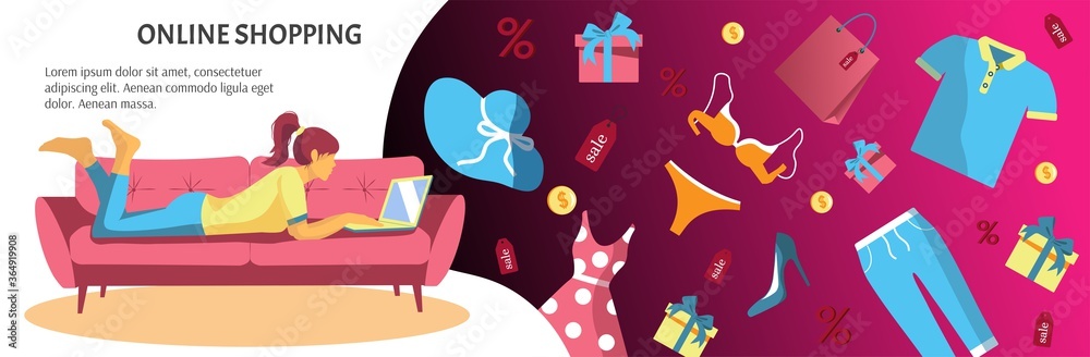 Woman with laptop on the sofa shopping online. Clothes store, delivery, online shopping concept. Vector illustration. Woman with laptop on the sofa shopping online. Clothes store, delivery, online shopping concept. Vector illustration.