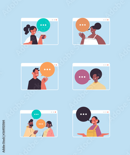 people chatting during video call men women having virtal live conference in computer windows self isolation quarantine concept portrait vertical vector illustration