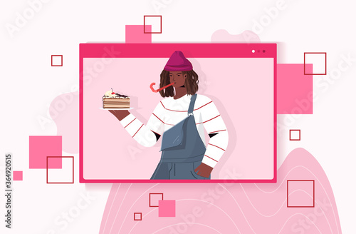 man in festive hat celebrating online birthday party african american guy in computer window holding cake celebration self isolation quarantine concept portrait horizontal vector illustration