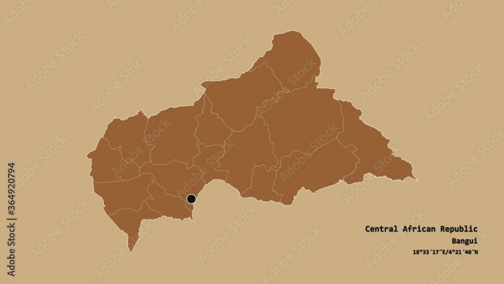 Ouham-Pendé, prefecture of Central African Republic, with its capital, localized, outlined and zoomed with informative overlays on a solid patterned map in the Stereographic projection. Animation 3D Ouham-Pendé, prefecture of Central African Republic, with its capital, localized, outlined and zoomed with informative overlays on a solid patterned map in the Stereographic projection. Animation 3D