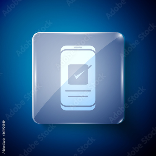 White Smartphone, mobile phone icon isolated on blue background. Square glass panels. Vector.