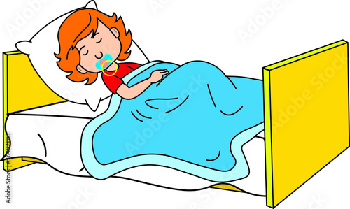 Little girl sleeping deeply on the bed pillow with a pacifier in the mouth