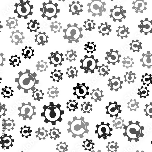 Black Human with gear icon isolated seamless pattern on white background. Artificial intelligence. Thinking brain sign. Symbol work of brain. Vector.