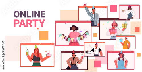 people in festive hats celebrating online birthday party mix race men women in computer windows having fun celebration self isolation virtual meeting concept portrait horizontal vector illustration