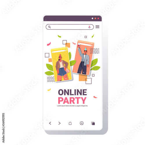 man woman in festive hats celebrating online birthday party couple in smartphone screen having fun celebration self isolation virtual meeting concept portrait vector illustration