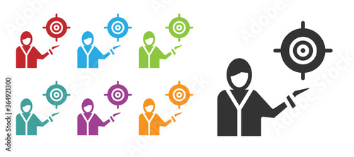 Black Marketing target strategy concept icon isolated on white background. Aim with people sign. Set icons colorful. Vector.