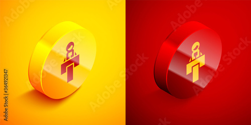 Isometric Stage stand or debate podium rostrum icon isolated on orange and red background. Conference speech tribune. Circle button. Vector.