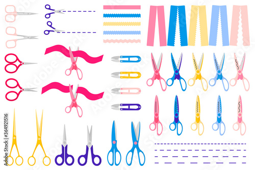 Set of vector cartoon illustrations with different types of scissors, cut lines, cut ribbons, paper on white background