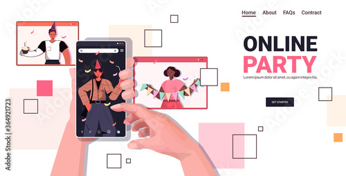 hands using smartphone celebrating online birthday party during video call celebration self isolation virtual meeting concept horizontal copy space vector illustration