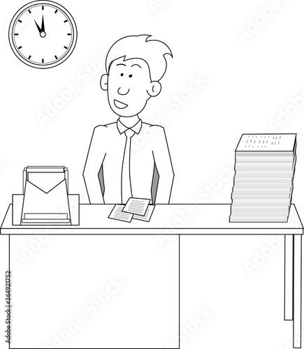 Man employee worker working in office lots of work in hand busy thinking rush stack of papers files table wall clock hand drawn