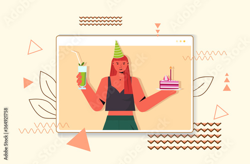 woman in festive hat celebrating online birthday party girl in computer window holding cocktail and cake celebration self isolation quarantine concept portrait horizontal vector illustration
