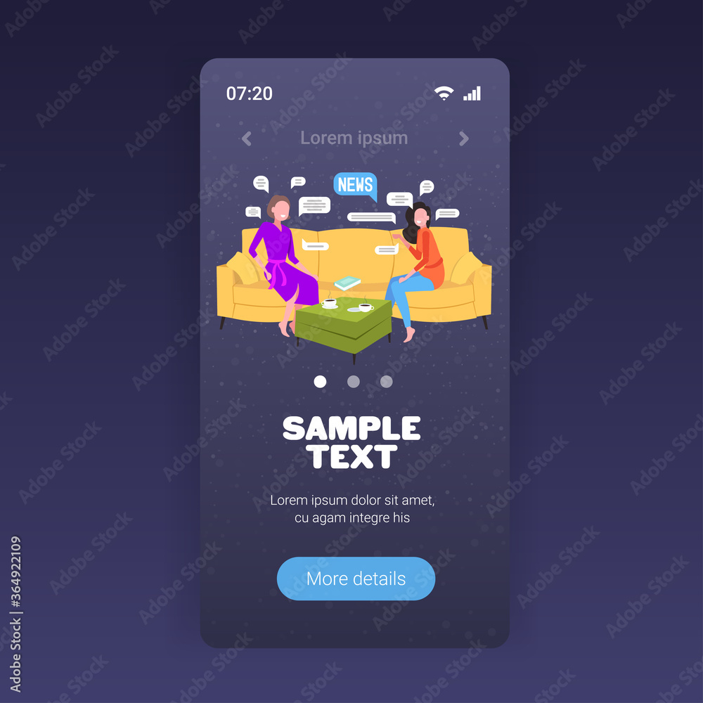 Fototapeta premium girls chatting during meeting women discussing daily news sitting on sofa chat bubble communication concept smartphone screen mobile app full length copy space vector illustration