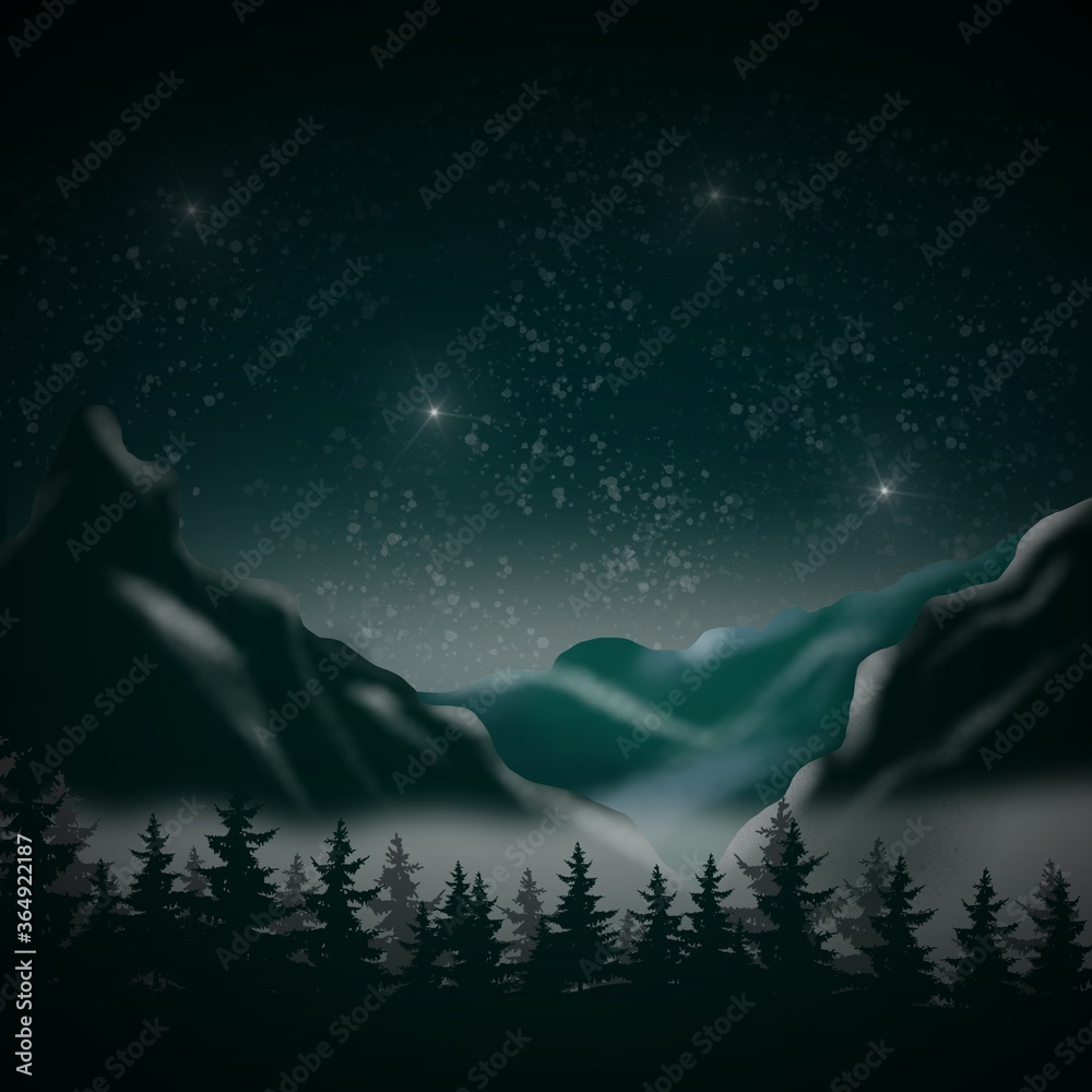 Obraz premium Night in the mountains under a clear starry sky.