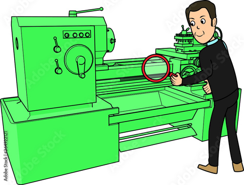 Man inspecting a machine lathe industrial equipment tester quality assurance
