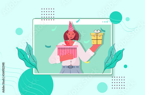 woman in festive hat celebrating online birthday party girl in computer window holding wrapped gifts celebration self isolation quarantine concept portrait horizontal vector illustration