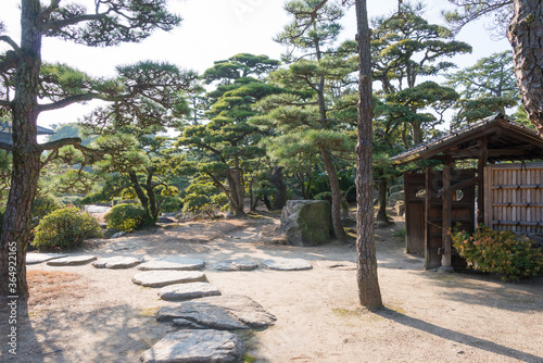 Hiunkaku Villa at Takamatsu Castle (Tamamo Park) in Takamatsu, Kagawa, Japan. The Castle originally built in 1590 and part of Japan's Top 100 Castles.