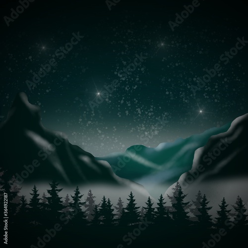 Night in the mountains under a clear starry sky.