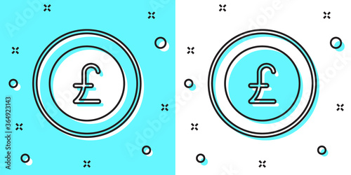 Black line Coin money with pound sterling symbol icon isolated on green and white background. Banking currency sign. Cash symbol. Random dynamic shapes. Vector.
