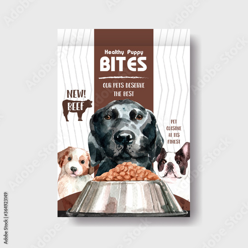 packaging template with dogs and food design for products and marketing watercolor illustration