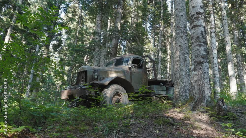 Abandoned military vehicle on sunny summer day in forest Abandoned military vehicle on sunny summer day in forest