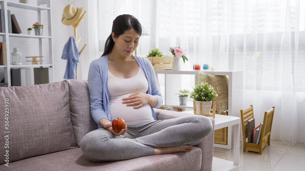 Pregnant happy asian japanese woman sitting on sofa and eating apple. elegant future mom expecting unborn baby in big belly and touching looking at it. Healthy eating deiting lifestyle concept. Pregnant happy asian japanese woman sitting on sofa and eating apple. elegant future mom expecting unborn baby in big belly and touching looking at it. Healthy eating deiting lifestyle concept.