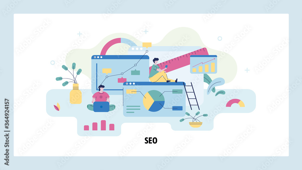 SEO snalytics and digital marketing technology. Team work with search engine optimization dashboard. Concept illustration. Vector web site design template